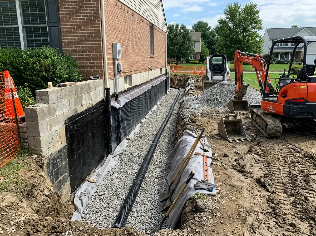 Waterproofing drainage job site near Boston MA